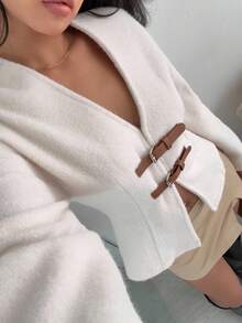 SHEIN EZwear Women's Autumn/Winter V-Neck Cinched Waist Leather Buckle Decor Flared Sleeve Wool Blend Coat,For Going Out Outfits