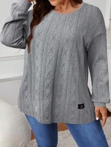 SHEIN VCAY Maglietta casual a maniche lunghe tinta unita, taglia comoda, autunnale - Grigio - Visualizzare 4