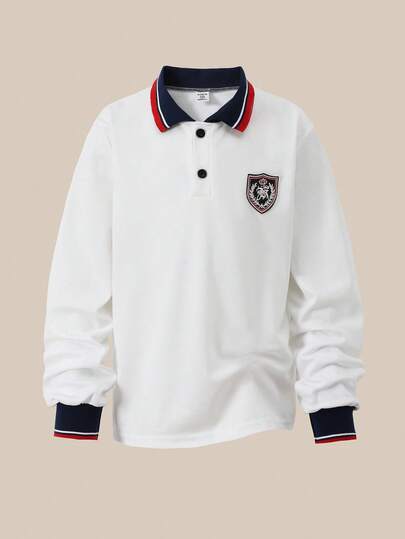 SHEIN Camisa polo de manga larga con cuello medio abierto y bordado de patrón de caballo, diseño de confort a juego. Adecuado para actividades al aire libre, escuela, vacaciones, reuniones, uso en casa, primavera, verano, viajes cortos, días festivos, tiempo libre, tomar el sol - Atuendos de estilo preppy y ropa deportiva para el campus de los niños en el regreso a clases 2025.