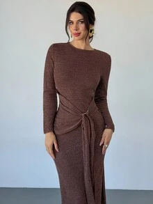 Firerie 女士新款优雅休闲时尚百搭简约都市通勤办公室装咖啡棕色仿皮草面料长袖圆领金属扣腰带鱼尾下摆长裙，秋季服装，教师服装，机场服装，外出服装，返校，舒适秋季 - 咖啡棕 - 查看 1