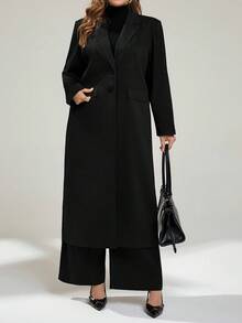 Auralis Plus Size Women's Spring And Fashion Casual Loose Comfortable Daily Versatile Slim Long Suit Jacket And Wide-Leg Pants Gray Suit Set,Old Money Style,Business Casual Woman,Office Outfits For Women,Work Wear, Outfits/ - Black - View 6