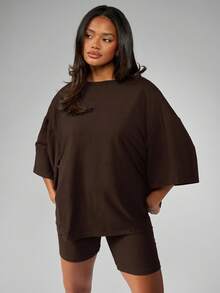 MISSGUIDED Oversized Two Piece Co Ord Set With Wide Sleeves Biker Shorts Loungewear Casual Spring Fall Outfit With Pockets Comfortable Matching Set For Everyday Wear - Brown - View 3