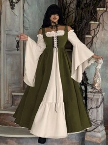 Lyrianda Plus Size Women Off Shoulder Long Sleeve Flare Sleeve Ruffle Elegant Vintage Cute Halloween Party Casual Holiday Colorblock Dress