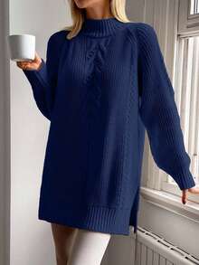 EURMUSE Casual Solid Color Stand Collar Side Slit Raglan Sleeve Sweater, Autumn/Winter - Navy Blue - View 5