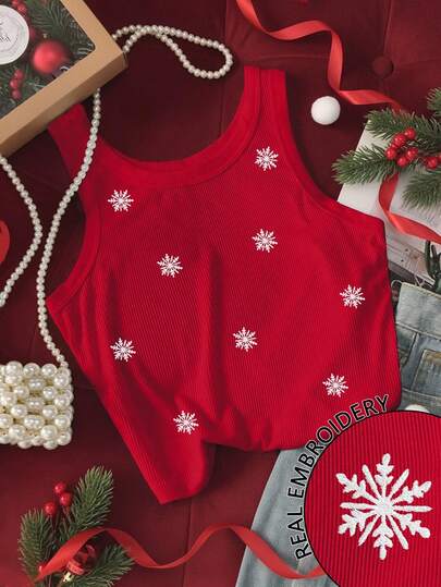 Resyla Women's Snowflake Embroidery Round Neck Camisole, Christmas