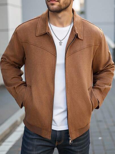 Manfinity Homme 男士拉链麂皮夹克，摩托车夹克，纯色，长袖，外出，休闲，男友礼物 男士休闲夹克 男士拉链夹克 男士棕色麂皮夹克 棕色夹克 男士飞行员夹克 抓绒