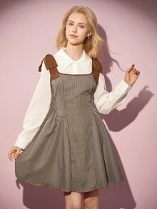 两件套休闲长袖衬衫搭配优雅格纹可拆卸蝴蝶结无袖修身连衣裙，适合青少年女孩，春秋/秋冬皆宜。 - 咖啡棕 - 查看 5