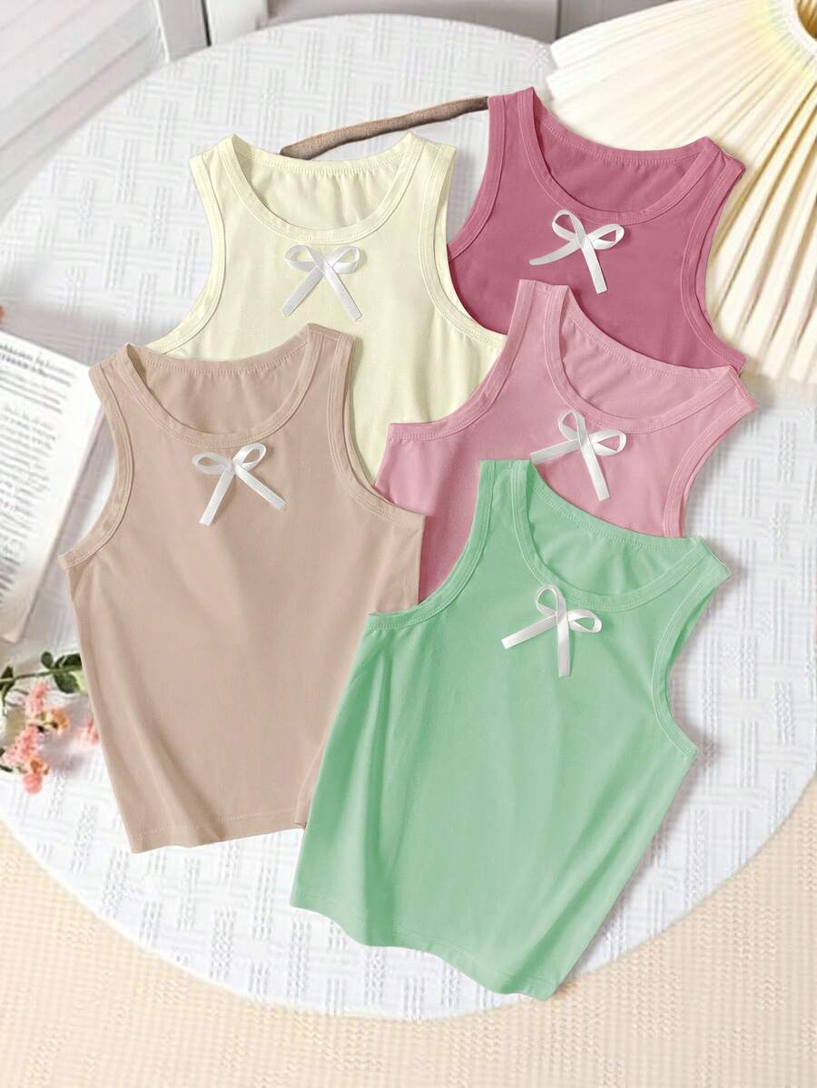 5pcs Girls' Sleeveless White Vest With Cute Bow Design, Stretchy, Machine Washable, Comfortable Fit, Casual Matching Outfits (5 Pieces Sold Separately) Fall Winter - Multicolor - View 1