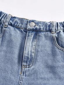 Elladie kids 女童水洗中蓝色做旧喇叭裤，柔软松紧腰带，百搭休闲度假街头服饰，轻盈春秋