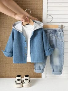 2pcs/Set Young Boy Colorblock Blue Hooded Long Sleeve Woven Shirt And Denim Jeans Pants Outfit, Spring/Summer