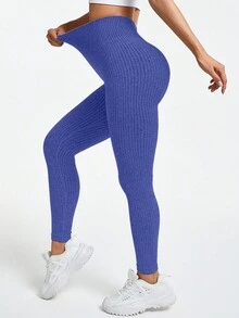 SHEIN Sports 女士无缝收腹提臀运动瑜伽紧身裤健身紧身裤紫色罗纹紧身裤高腰紧身裤罗纹瑜伽裤无缝速干蓝色无缝紧身裤弹力健身紧身裤罗纹运动紧身裤速干瑜伽裤女士健身紧身裤 - 寶藍色 - 查看 3