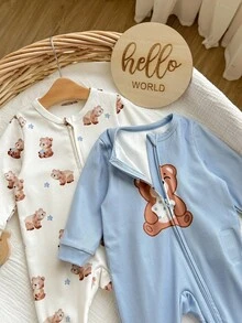 SHEIN 新生女婴可爱休闲卡通图案针织长袖连体睡衣 - 彩色 - 查看 8