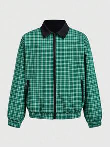 ROMWE MEN Casual 男士休闲学院风拉链格子夹克，适合秋季 - 彩色 - 查看 1