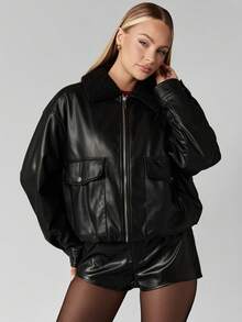 MISSGUIDED 女式仿皮飞行员夹克，羊羔绒领，高腰及臀长度，冬季秋季街头时尚外套 - 黑色 - 查看 1