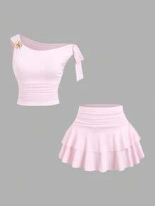 Sweetra Women's Summer Bronze Metallic Floral Camisole & Pleated Layered Mini Skirt Set