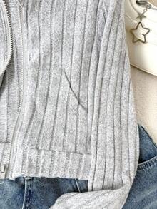 Tween Girls ME 宽松休闲罗纹纹理短款长袖连帽夹克，配有大口袋，适合日常通勤、休闲、度假、聚会、街头风格、秋冬 - 灰色 - 查看 5