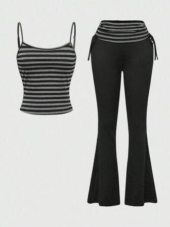 Grunge Punk Ensemble 2 pièces Top camisole rayé rétro Y2K et pantalon évasé à taille ultra basse rayé pour femmes