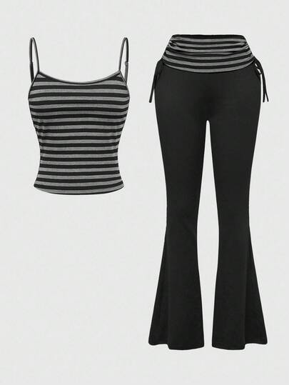 Grunge Punk Y2K Retro Striped Camisole Top And Ultra Low-Rise Striped Flared Leg Pants 2 Pieces Set For Women