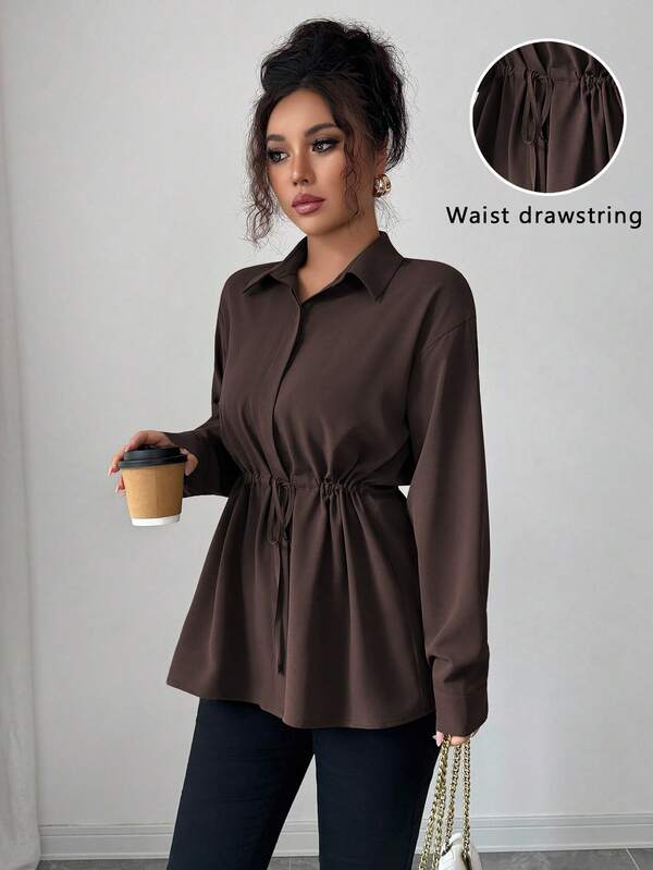 Elenzga Women's Elegant French Office Commute Street Style Utility Shirt, Featuring Shirt Collar, Front Placket, Waist Drawstring, Bowknot Long Sleeve Blouse, Suitable For Spring, Autumn And Winter