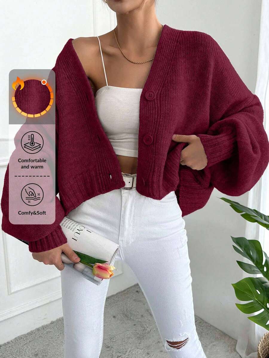 EURMUSE Áo khoác cardigan dáng rộng, đơn giản, có nút, dáng rộng, thường ngày cho nữ, mùa thu - Màu Đỏ Sâu - Xem 1