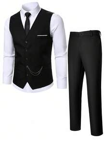 Manfinity Mode بدلة رجالية أساسية، للارتداء اليومي الكاجوال، بتصميم بريطاني، بدلة رسمية سوداء للرجال من نوع كاتسآي، بدلة 3 قطع تشمل السترة والسترة الصدرية والبنطلون للرجال