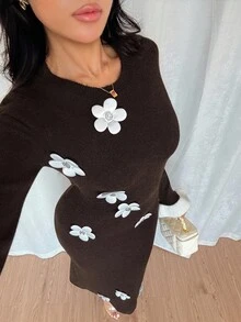 Chiquease Women's Elegant Brown Floral Long Bodycon Dress,Autumn Date Night 3D Floral Applique Backless Waist Cutout Long Sleeve Daisy Flower Dress - Coffee Brown - View 7