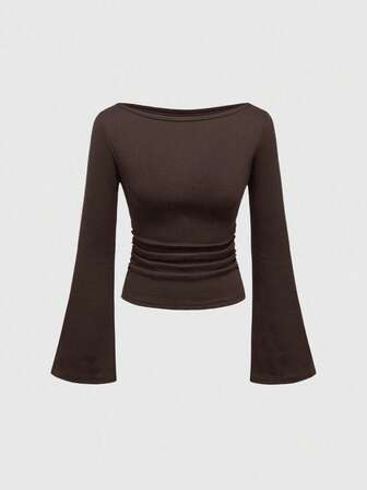 Goth Maglietta aderente da donna a maniche a campana, scollo a barca, di colore unito, elegante e sexy