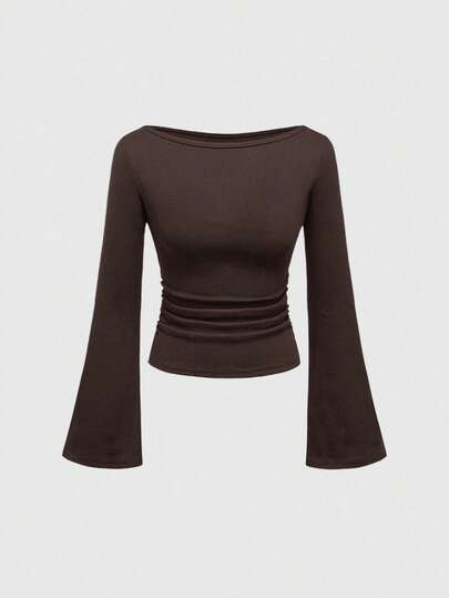 Goth قميص نسائي ضيق بياقة قارب وأكمام جرس ذو لون أحادي أنيق وجذاب