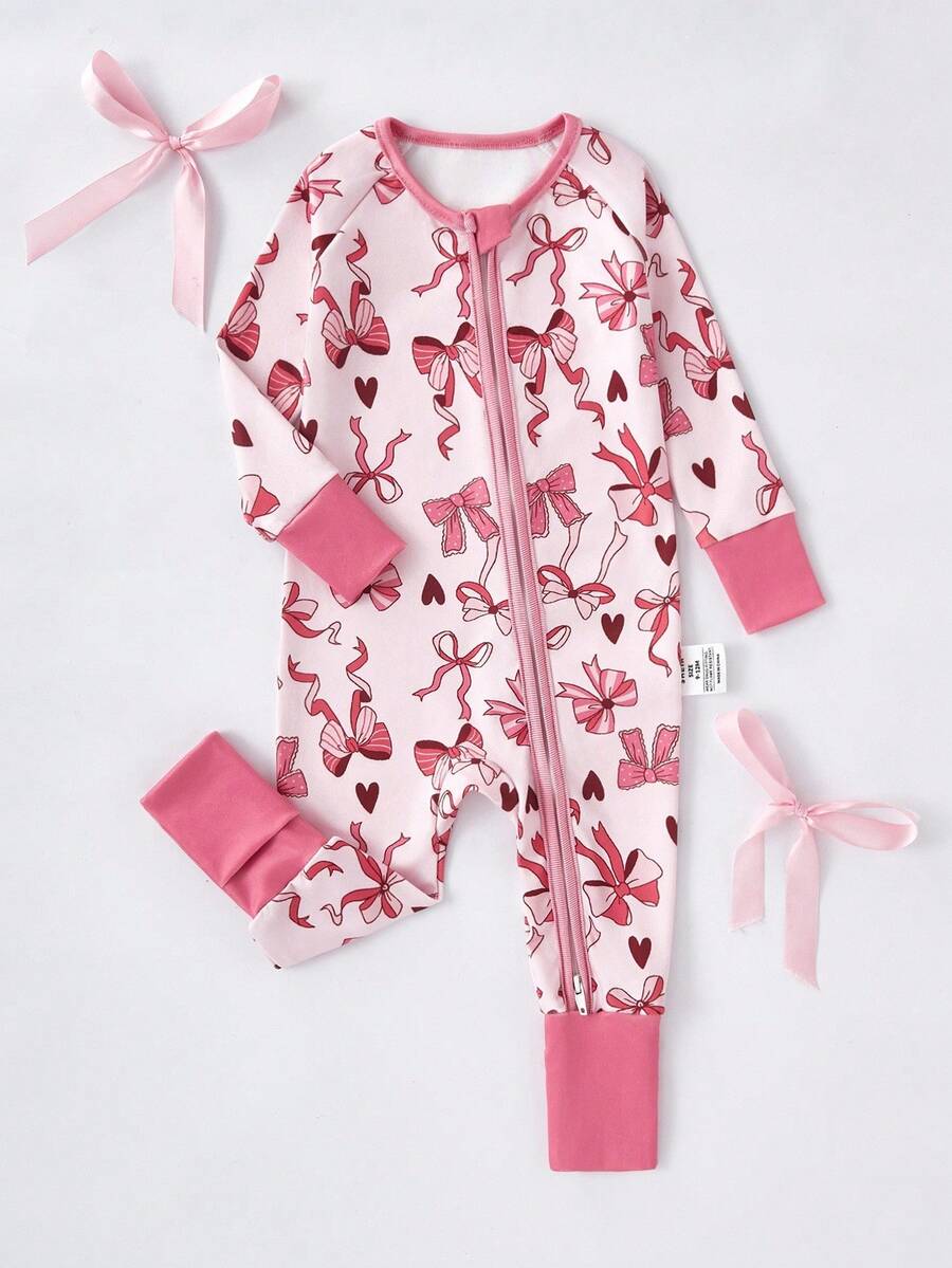 Baby Mädchen rosa Schleife Digital Muster Langarm Reißverschluss Vorne Jumpsuit Nachtwäsche, Enge Passform