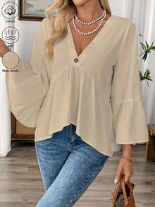 EMERY ROSE White V-Neck Ruffle Sleeve Women's Casual Shirt - Khaki - View 5