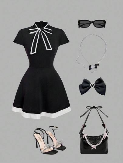 SHEIN MOD 撞色饰边蝴蝶结装饰短袖短裙，简约休闲黑白迷你裙，优雅连衣裙，返校节礼服，老钱风格，毕业礼服，复古礼服，