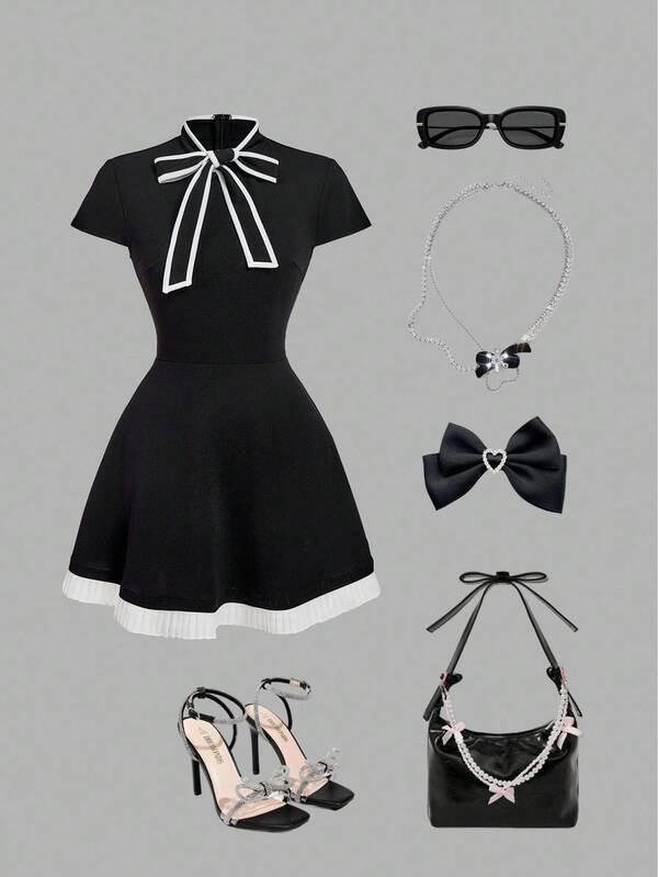 SHEIN MOD Contrast Color Trim Bow Decor Short Sleeve Short Dress,Simple Casual Black And White Mini Dress,Elegant Dress,Homecoming Dresses,Old Money Style,Graduation Dress,Vintage Dress,Black Dress,Prom Dresses,Wedding Guest Dress For Women,Christmas Dress,Winter Dress ,Business Dress