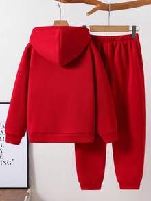 2pcs Kids/Tween Boys' Casual Letter Embossed Hoodie Sweatshirt And Relaxed Knit Pants Set,Red,Autumn,Graphic,Streetwear,School,Back-To-School Outfit - Red - View 2
