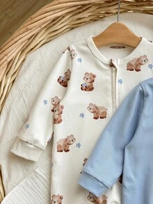 SHEIN 新生女婴可爱休闲卡通图案针织长袖连体睡衣 - 彩色 - 查看 6