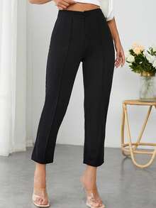 SHEIN EZwear 大码女式纽扣装饰牙签图案休闲黑色长裤