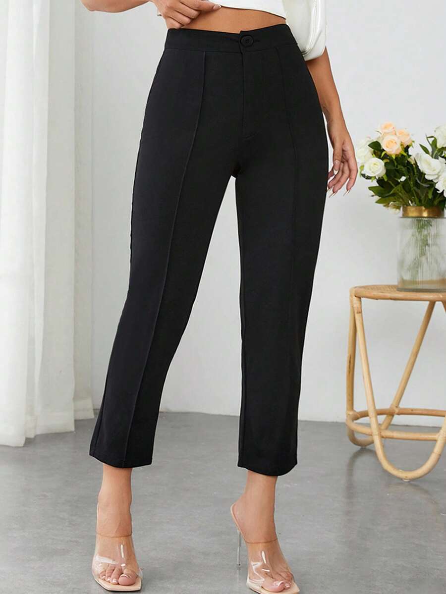 SHEIN EZwear 大码女式纽扣装饰牙签图案休闲黑色长裤