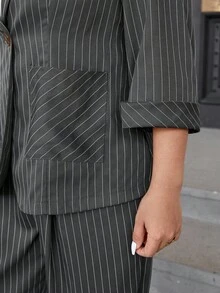 Easura Plus Size Women Autumn Lapel Striped 3/4 Sleeve Casual Suit Jacket And Loose Pants Set - Dark Grey - View 6