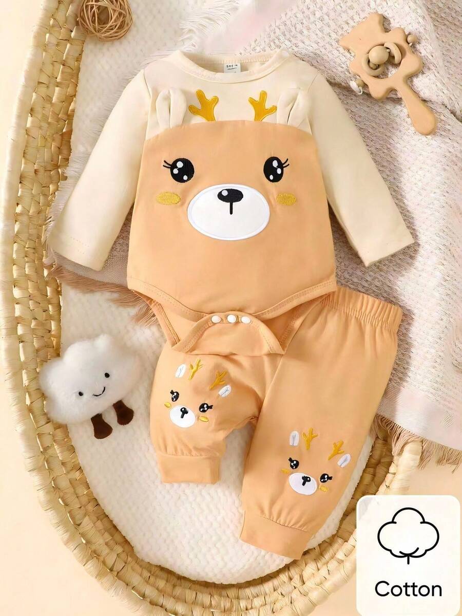 Newborn Baby Girl Cute Autumn Colour Block Embroidered Long Sleeved Jumpsuit With Pants 2pcs Sibling Matching Holiday Suit For Parties Shooting - Camel - View 1