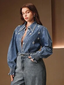 Anewsta 优雅端庄的手工钻石装饰女士蓝色休闲牛仔夹克 - 藍色 - 查看 5