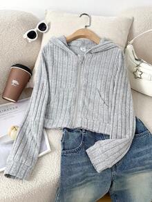 Tween Girls ME 宽松休闲罗纹纹理短款长袖连帽夹克，配有大口袋，适合日常通勤、休闲、度假、聚会、街头风格、秋冬 - 灰色 - 查看 3