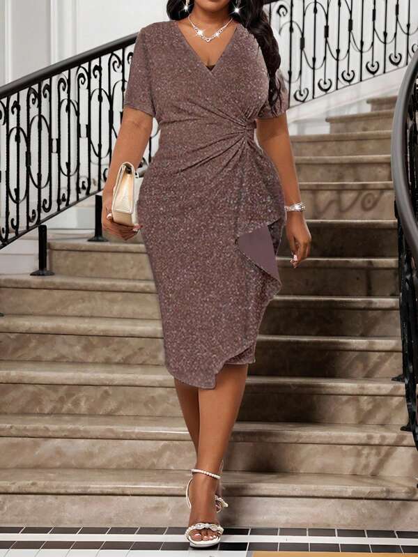 Fleurora Wiosna i lato Eleganckie złoto Elegancka praca retro Wesele Walentynki Impreza noworoczna Dzianinowa Głęboka Dekolt w szpic Kryształki Falbana Nowość Wąska sukienka Sukienka w dużych rozmiarach Formalna sukienka na studniówkę Sukienka w dużych rozmiarach