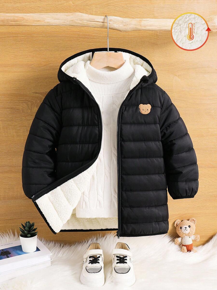 SHEIN YOUNG BOY Thick, Fluffy & Warm Hooded Zip-Up Padded Coat, Suitable For Winter Outfits Fall - Black - View 1