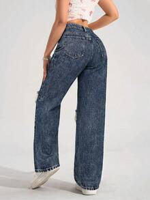 SHEIN PETITE 女式高腰口袋破洞阔腿宽松休闲牛仔裤 - 藍色 - 查看 2