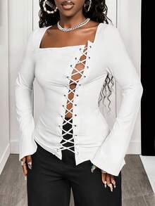 BamGleam Áo thun nữ tay dài dáng ôm, viền lệch thanh lịch, họa tiết xiên mới thu đông - trắng - Xem 3