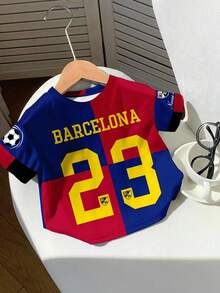 SHEIN 23 Barcelona Red & Blue Soccer Jersey, Casual Loose Fit Short Sleeve T-Shirt For Kids, Suitable For Summer Toddler Barcelona Jersey Baby Boy Barcelona Shirt Toddler Soccer Jersey 2t Barcelona Shirt Baby Boy Soccer Jersey - Multicolor - View 6