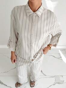 Siren Gaze 女士休闲通勤条纹衬衫和裤子两件套 - 杏色 - 查看 3