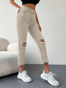 Cottnline 純色磨損牛仔褲 - 米色 - 查看 3