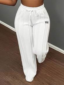 Slaydiva 女士休闲日常通勤运动字母抽绳腰部前缝宽松阔腿裤 - 白色 - 查看 6