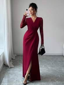 SHEIN Elenzya فستان طويل الأكمام للنساء بياقة على شكل حرف V وخصر مطوي وتصميم مشقوق أنيق رومانسي بتباين الدانتيل