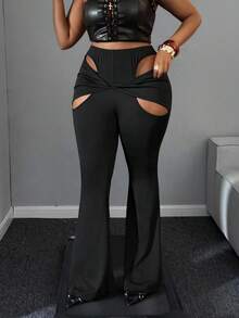Maweii Pantalon évasé sexy à grande taille avec découpes et torsades, pour soirée - Noir - Voir 5